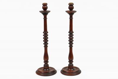 Antique Tall Mahogany Turned and Carved Candlesticks a Pair