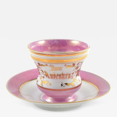 Antique Tea Cup and Saucer Pink Lustre Souvenier Porcelain Germany 19th C 