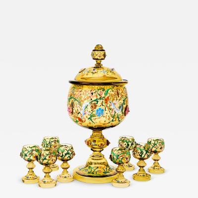 Antique Ten Piece Moser Enameled Glass Punch Bowl Service circa 1880 1890