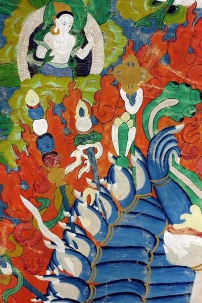 Antique Tibetan Buddhist Thangka in Lucite Shadow Box Frame