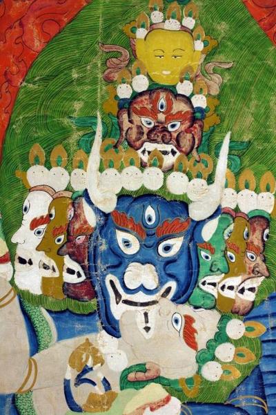 Antique Tibetan Buddhist Thangka in Lucite Shadow Box Frame