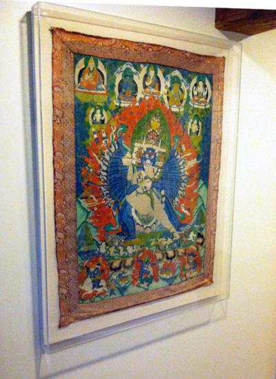 Antique Tibetan Buddhist Thangka in Lucite Shadow Box Frame