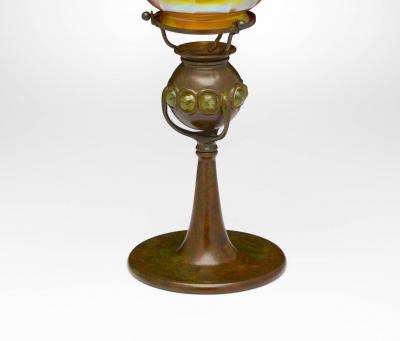 Antique Tiffany Studios Jeweled Favrile Glass Candle Lamp Patinated Bronze Base