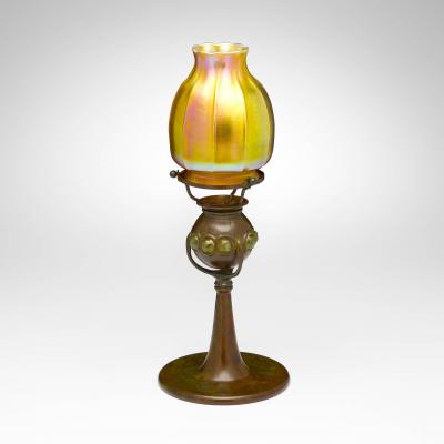 Antique Tiffany Studios Jeweled Favrile Glass Candle Lamp Patinated Bronze Base