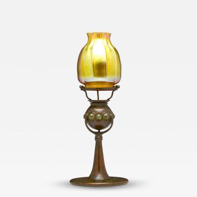 Antique Tiffany Studios Jeweled Favrile Glass Candle Lamp Patinated Bronze Base