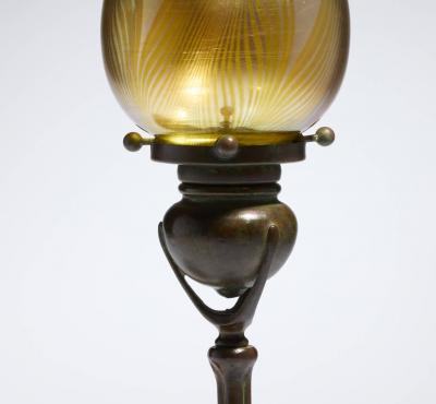 Antique Tiffany Studios Tripod Candlestick with Feather Favrile Glass Shade