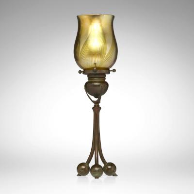 Antique Tiffany Studios Tripod Candlestick with Feather Favrile Glass Shade