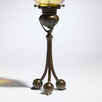 Antique Tiffany Studios Tripod Candlestick with Feather Favrile Glass Shade