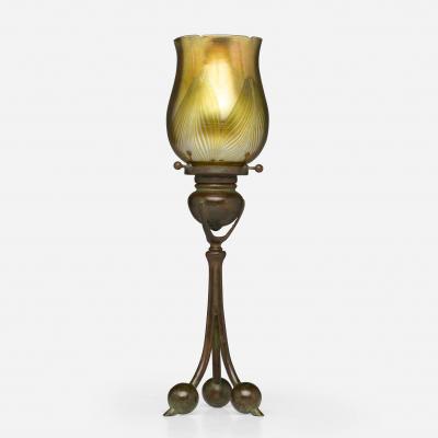 Antique Tiffany Studios Tripod Candlestick with Feather Favrile Glass Shade