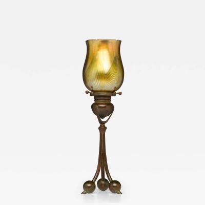 Antique Tiffany Studios Tripod Candlestick with Feather Favrile Glass Shade