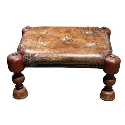 Antique Tufted Leather Ottoman Footstool Bench