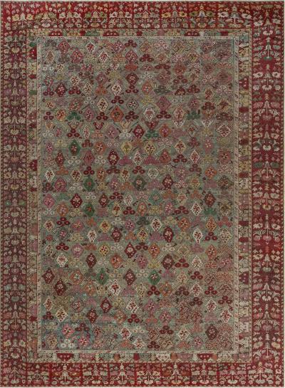 Antique Turkish Ghiordes Beige Green Orange Pink Red Rug Size Adjusted 