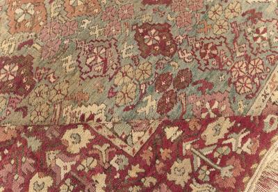 Antique Turkish Ghiordes Beige Green Orange Pink Red Rug Size Adjusted 