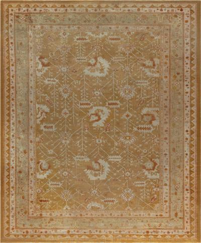 Antique Turkish Oushak Beige Green Orange Hand Knotted Wool Rug
