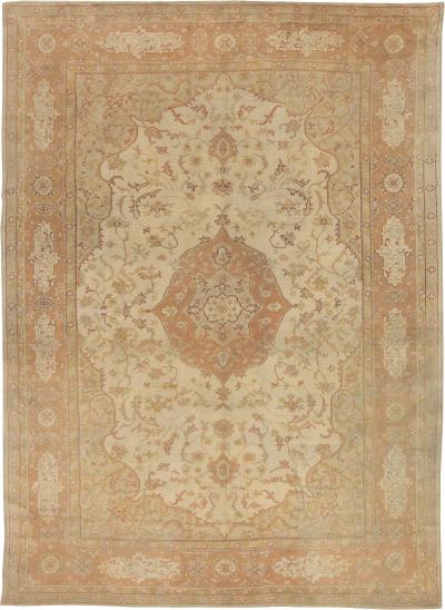 Antique Turkish Oushak Beige and Salmon Handmade Wool Rug