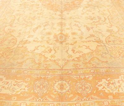 Antique Turkish Oushak Beige and Salmon Handmade Wool Rug