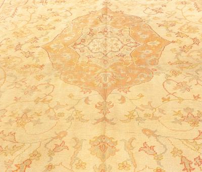 Antique Turkish Oushak Beige and Salmon Handmade Wool Rug