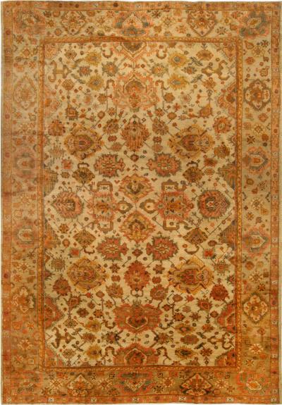 Antique Turkish Oushak Botanic Beige Orange Yellow Green Handwoven Wool Rug