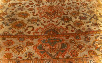 Antique Turkish Oushak Botanic Beige Orange Yellow Green Handwoven Wool Rug