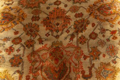 Antique Turkish Oushak Botanic Beige Orange Yellow Green Handwoven Wool Rug