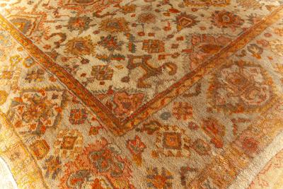 Antique Turkish Oushak Botanic Beige Orange Yellow Green Handwoven Wool Rug