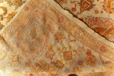 Antique Turkish Oushak Botanic Beige Orange Yellow Green Handwoven Wool Rug
