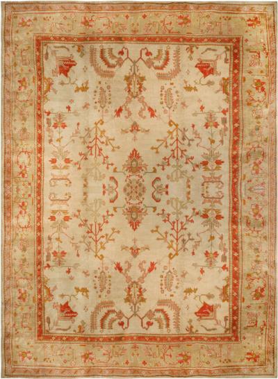 Antique Turkish Oushak Cream Beige Apricot Handwoven Wool Rug
