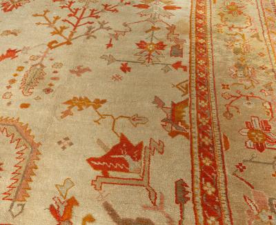 Antique Turkish Oushak Cream Beige Apricot Handwoven Wool Rug