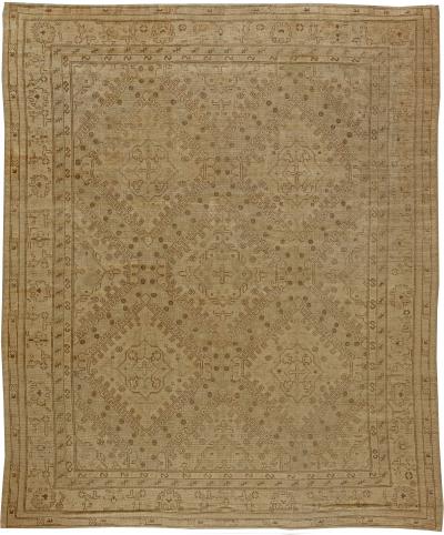 Antique Turkish Oushak Handwoven Wool Rug in Dark and Light Brown