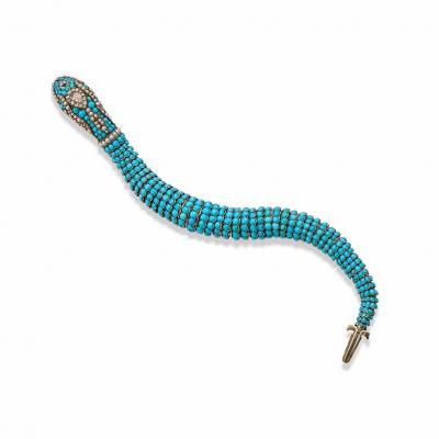 Antique Turquoise Diamond and Pearl Snake Bracelet