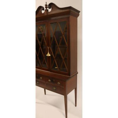 Antique Two Parts English Mahogany Three Wood Panel Shelves Bookcase