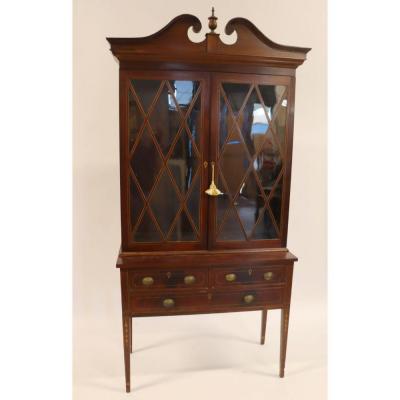 Antique Two Parts English Mahogany Three Wood Panel Shelves Bookcase