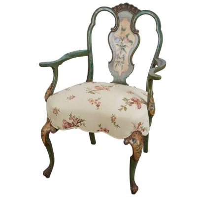 Antique Venetian Chinoiserie Fauteuil Arm Chair W Schumacher Fabric