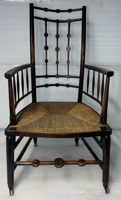 Antique Victorian Spindle Back Armchair with Woven Rush Seat Casters