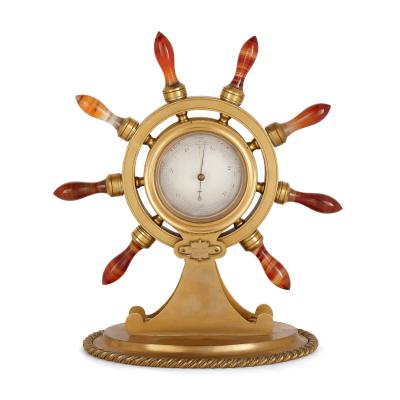 Antique Victorian nautical gilt bronze clock and barometer pair