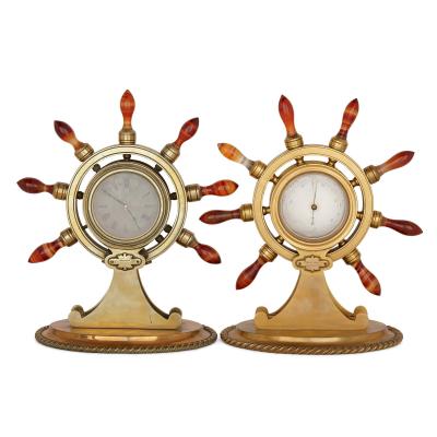Antique Victorian nautical gilt bronze clock and barometer pair