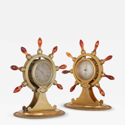 Antique Victorian nautical gilt bronze clock and barometer pair