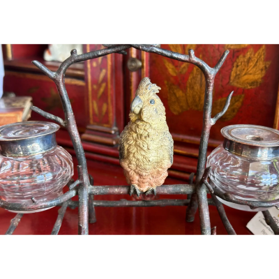 Antique Vienna Bronze Parrot Baird Sculpture Inkwell
