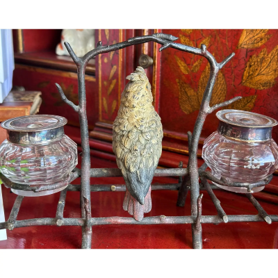 Antique Vienna Bronze Parrot Baird Sculpture Inkwell