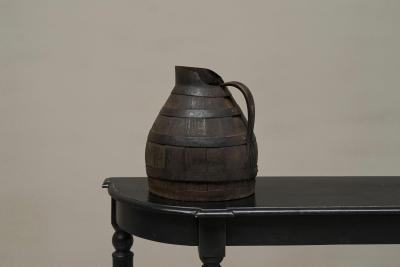 Antique Wabi Sabi Barrel Jug in Wood and Wrought Iron