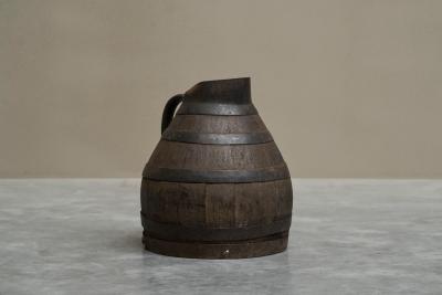 Antique Wabi Sabi Barrel Jug in Wood and Wrought Iron