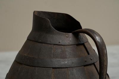 Antique Wabi Sabi Barrel Jug in Wood and Wrought Iron