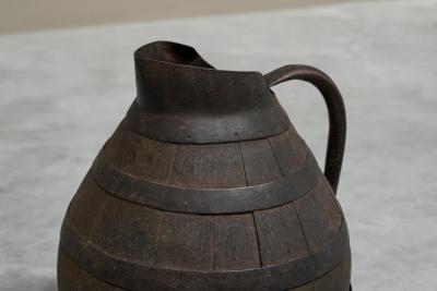 Antique Wabi Sabi Barrel Jug in Wood and Wrought Iron