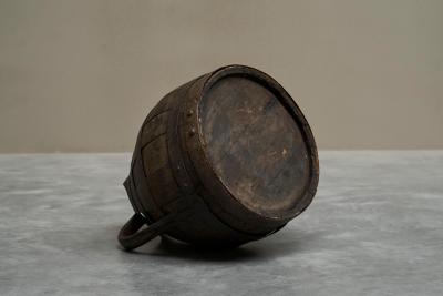 Antique Wabi Sabi Barrel Jug in Wood and Wrought Iron