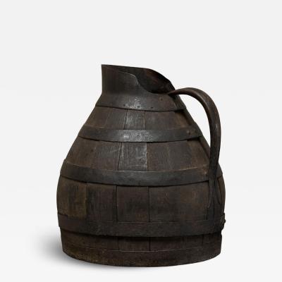Antique Wabi Sabi Barrel Jug in Wood and Wrought Iron