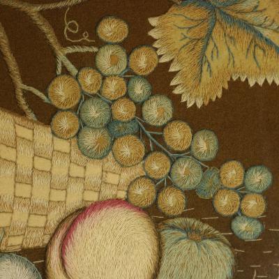 Antique Woolwork Embroidery with Fruit Basket and Bird