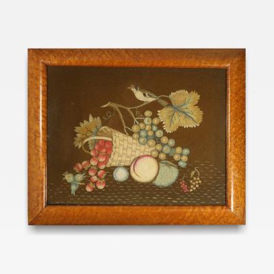Antique Woolwork Embroidery with Fruit Basket and Bird