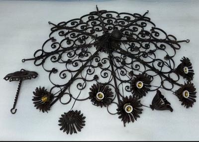 Antique Wrought Iron Floral Chandelier with Scrollwork Design