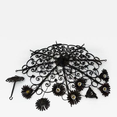 Antique Wrought Iron Floral Chandelier with Scrollwork Design