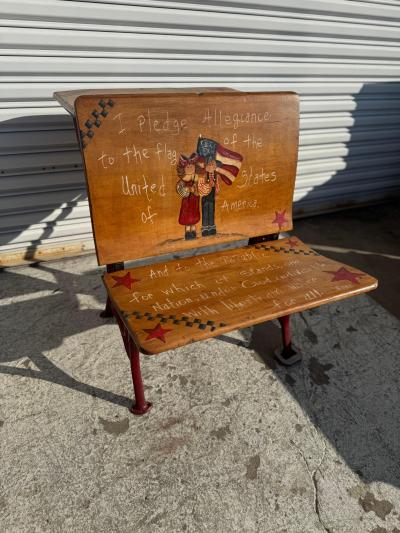 Antique Wrought Iron and Walnut Handpainted Pledge of Allegiance School Desk